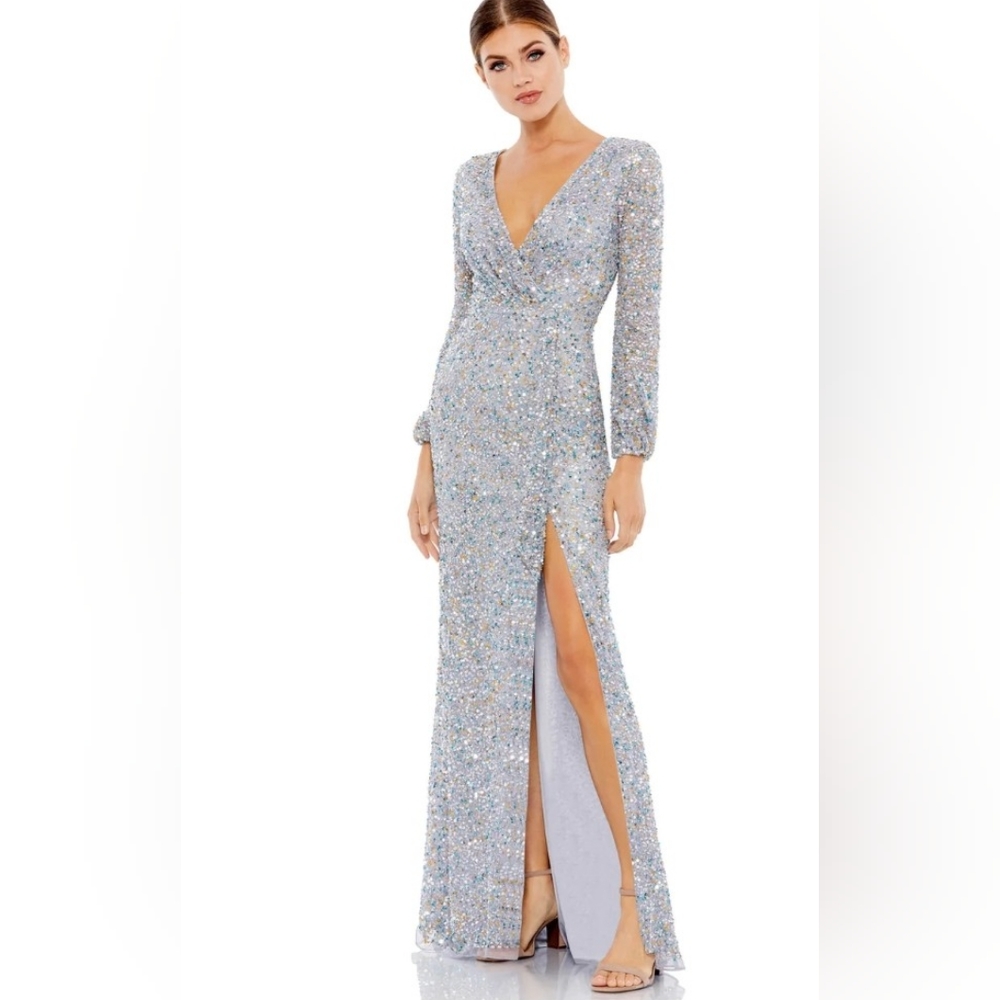 Mac Duggal 5213 Silver Gown.
